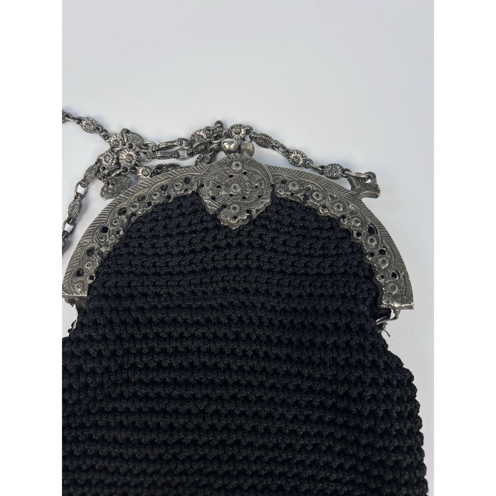 Vintage Antique Crochet Evening Bag Ribbon Embroidery Roses Filigree Frame Black - Picture 3 of 9